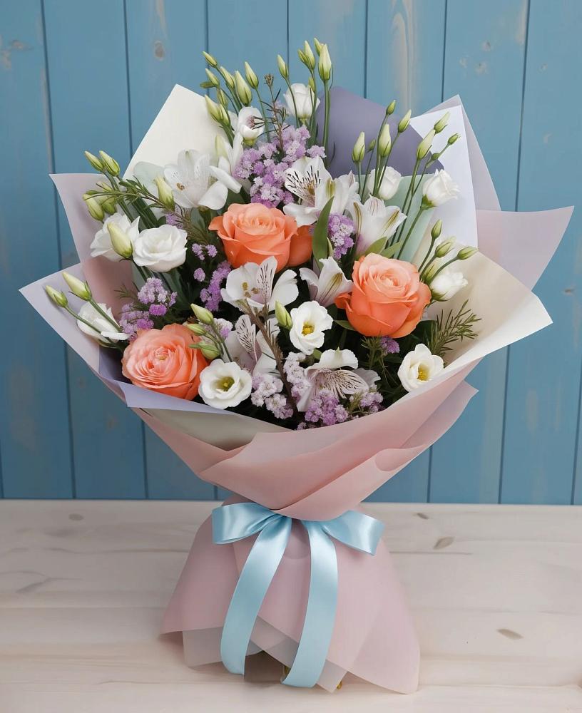 Букет цветов из: Лизиантусы, Розы, Альстромерии и Гипсофила в Балаклаве
